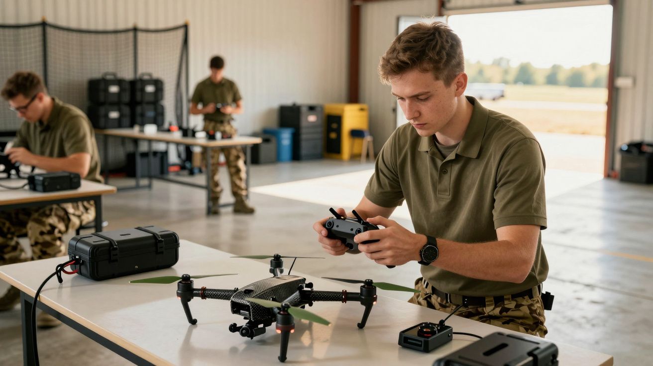 Mężczyzna w mundurze przygotowuje drona do lotu w hangarze, w tle kilku innych mężczyzn pracujących przy stołach.