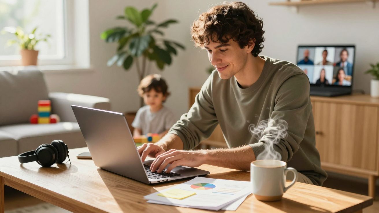 Mężczyzna pracujący na laptopie przy stole, obok filiżanka kawy; z tyłu dziecko i wideorozmowa na ekranie.