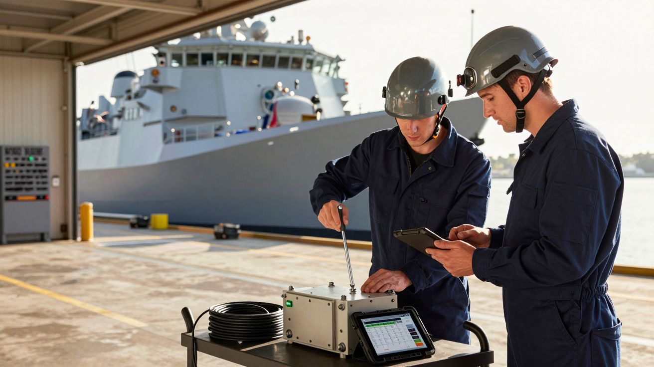 Dwóch techników w kaskach i kombinezonach pracuje z urządzeniem przed zacumowanym statkiem.