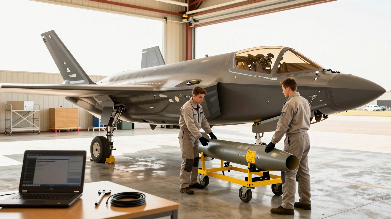 Dwóch techników pracuje przy samolocie wojskowym w hangarze, przygotowując wyposażenie. W tle otwarta przestrzeń lotniska.