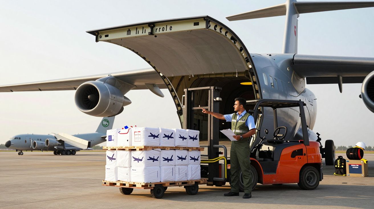 Samolot transportowy na lotnisku, wózek widłowy ładuje paczki do otwartego luku samolotu.