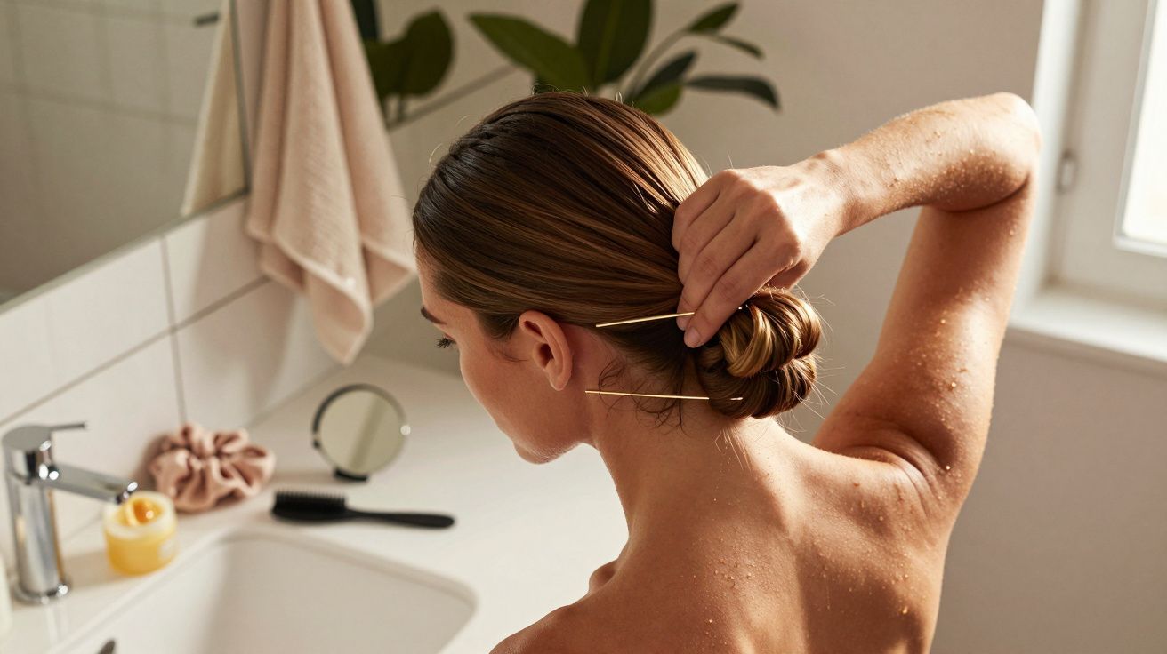 Kobieta upina włosy wsuwkami w łazience. Widok z tyłu, na mokrej skórze. W tle roślina i ręcznik.