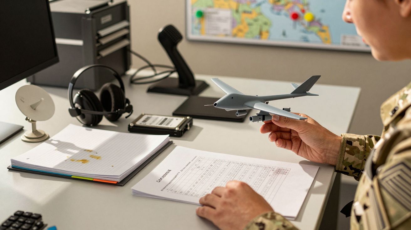 Osoba w mundurze trzyma model drona przy biurku z mapą, słuchawkami i dokumentami.