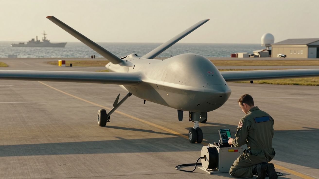 Mężczyzna w stroju lotniczym pracuje przy dronie na lotnisku nad morzem, w tle statek i hangar.