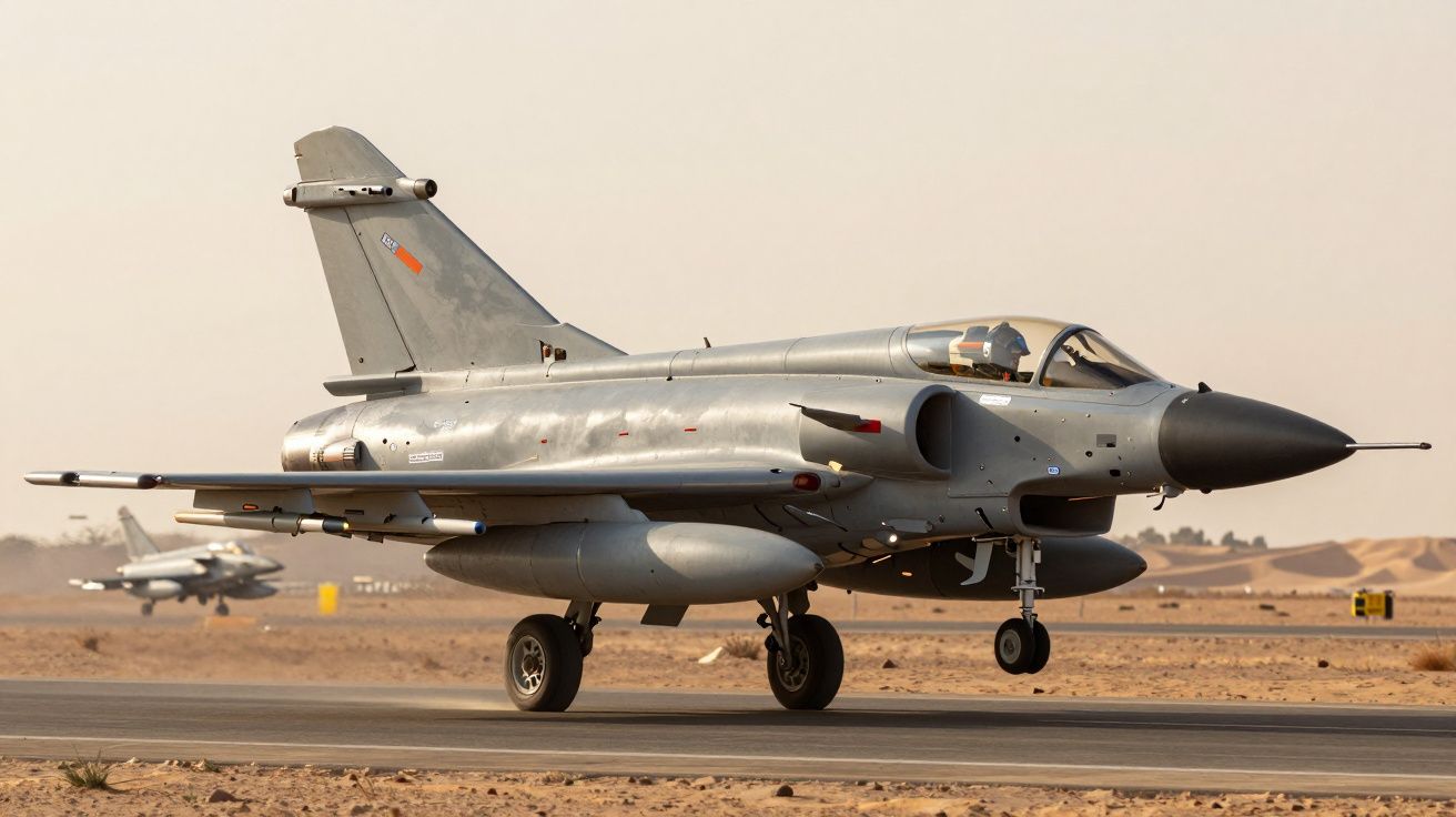 Srebrny samolot myśliwski na pasie startowym w pustynnym otoczeniu. W tle widać drugi odrzutowiec.