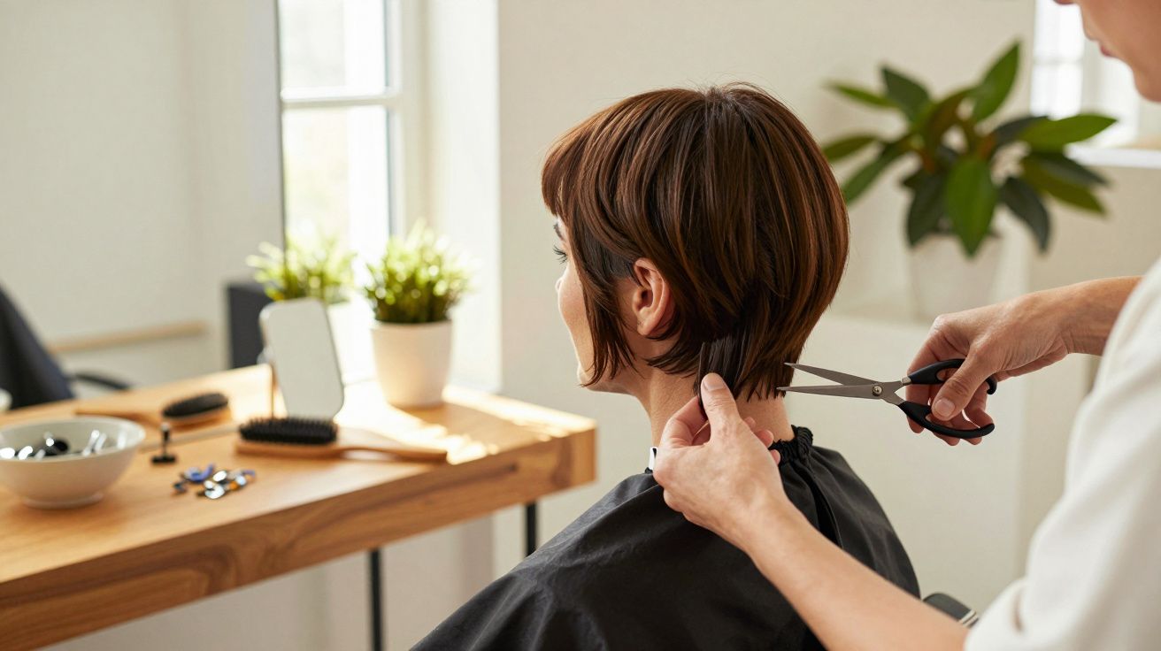 Fryzjer obcina włosy kobiety w salonie fryzjerskim, na stole szczotki i lustro.