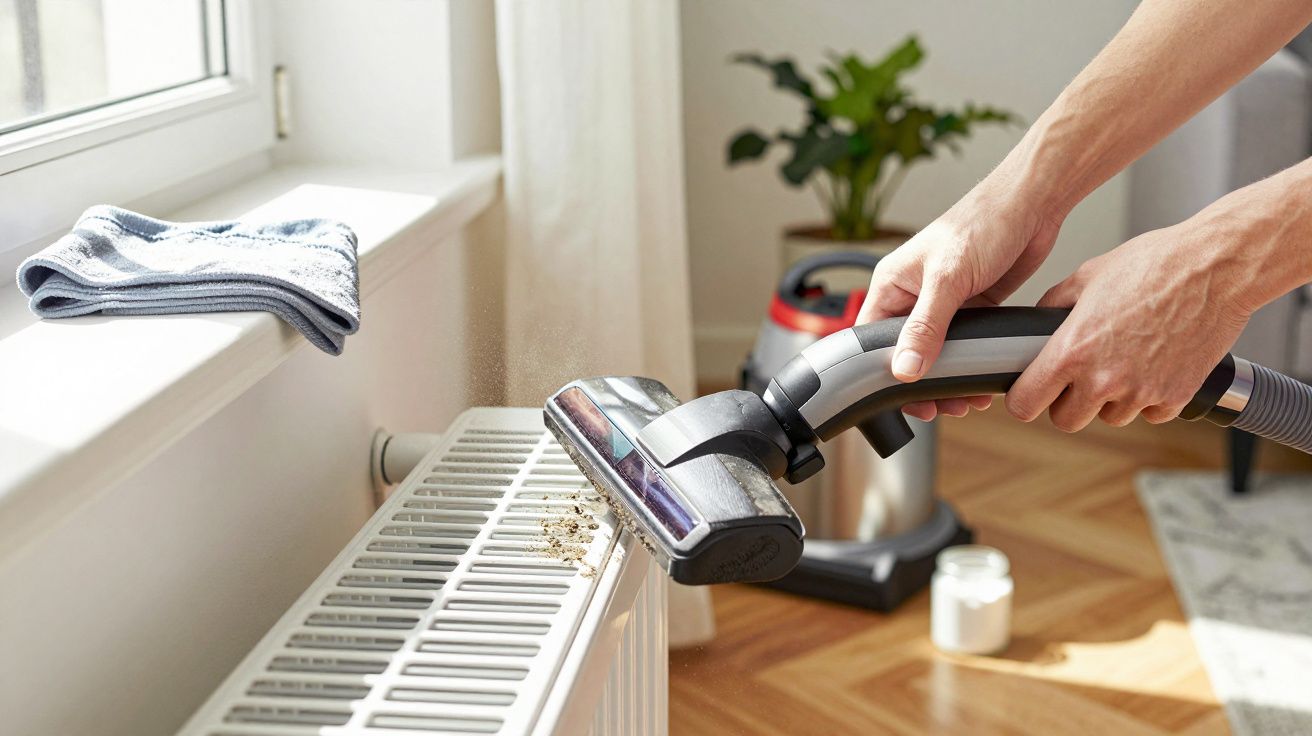 Osoba odkurzająca kurz z grzejnika w jasnym pokoju, obok leży ścierka, w tle widać roślinę i odkurzacz.