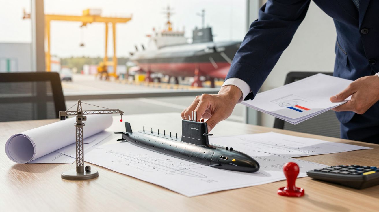 Osoba w garniturze umieszcza model okrętu podwodnego na biurku pełnym planów, w tle statek i dźwig.