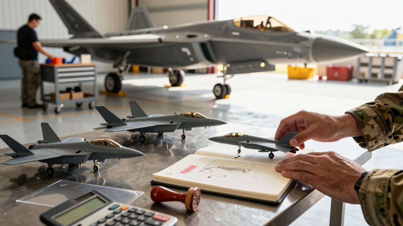 Modele samolotów na stole, w tle prawdziwy myśliwiec i osoba przy wózku w hangarze.