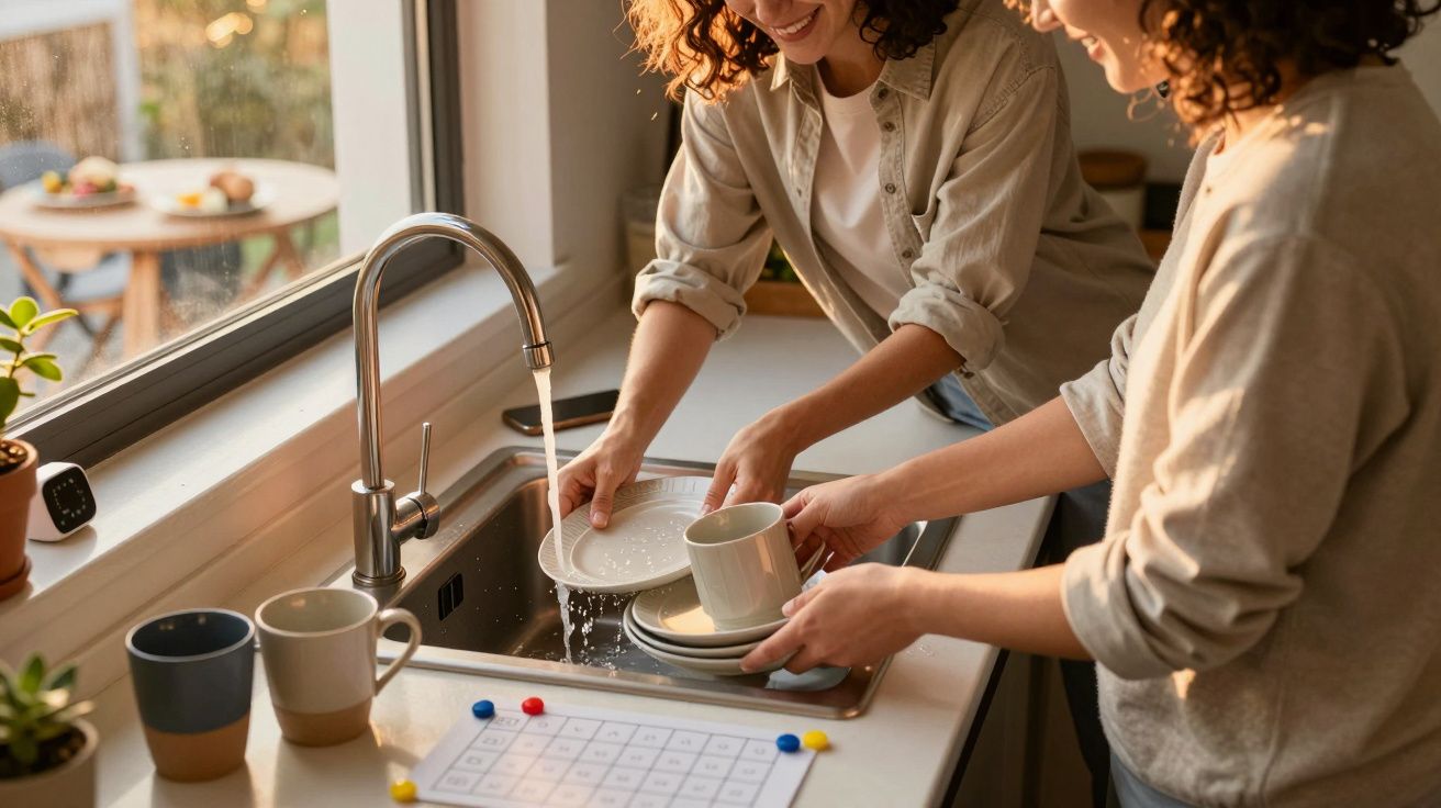 Dwie osoby myjące naczynia w kuchni, nad zlewem z bieżącą wodą. Na blacie kolorowe kubki i harmonogram.