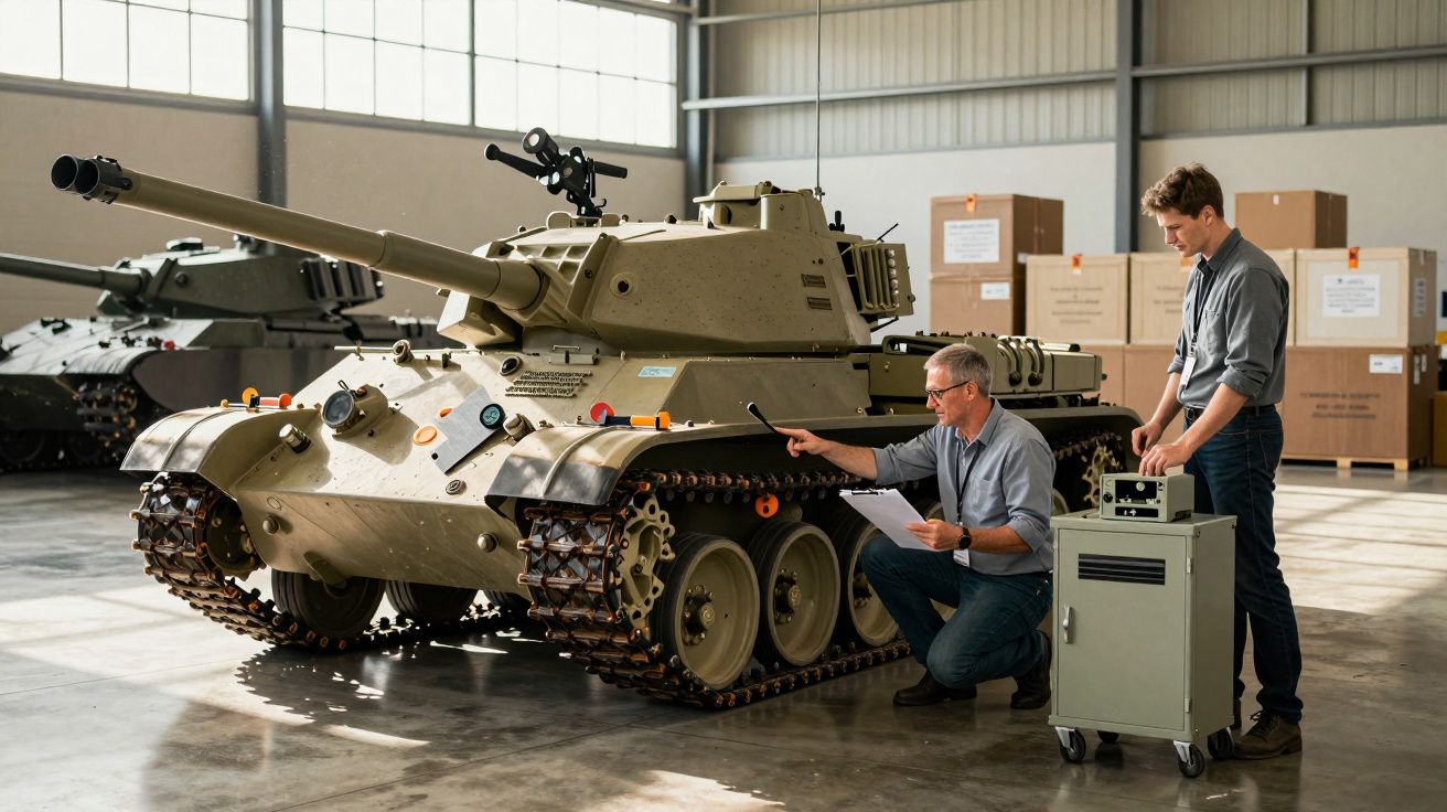 Dwóch mężczyzn bada miniaturowy model czołgu w hali magazynowej. Jeden klęczy, drugi stoi obok urządzenia.