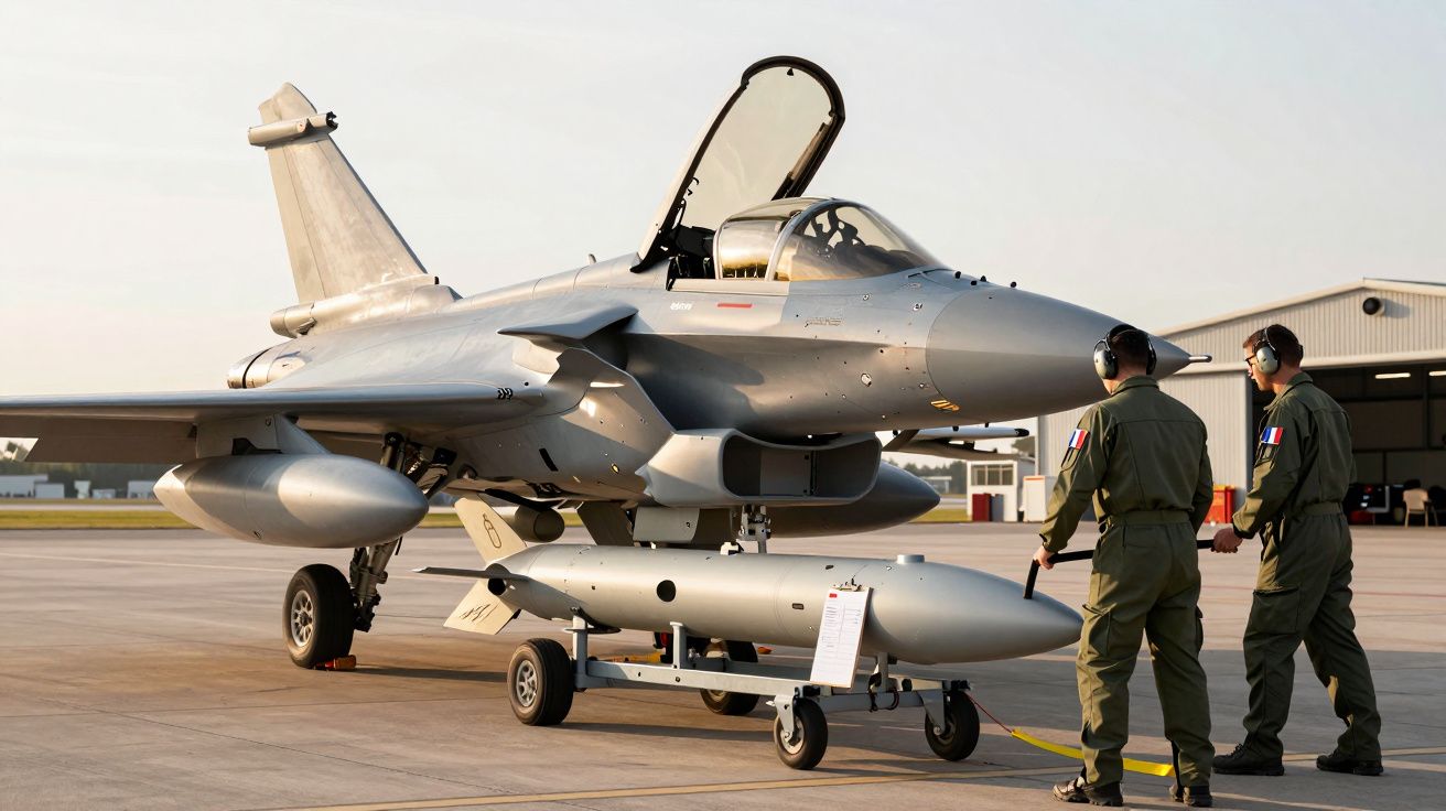 Dwóch techników wojskowych obok odrzutowca na płycie lotniska, duża rakieta pod skrzydłem.