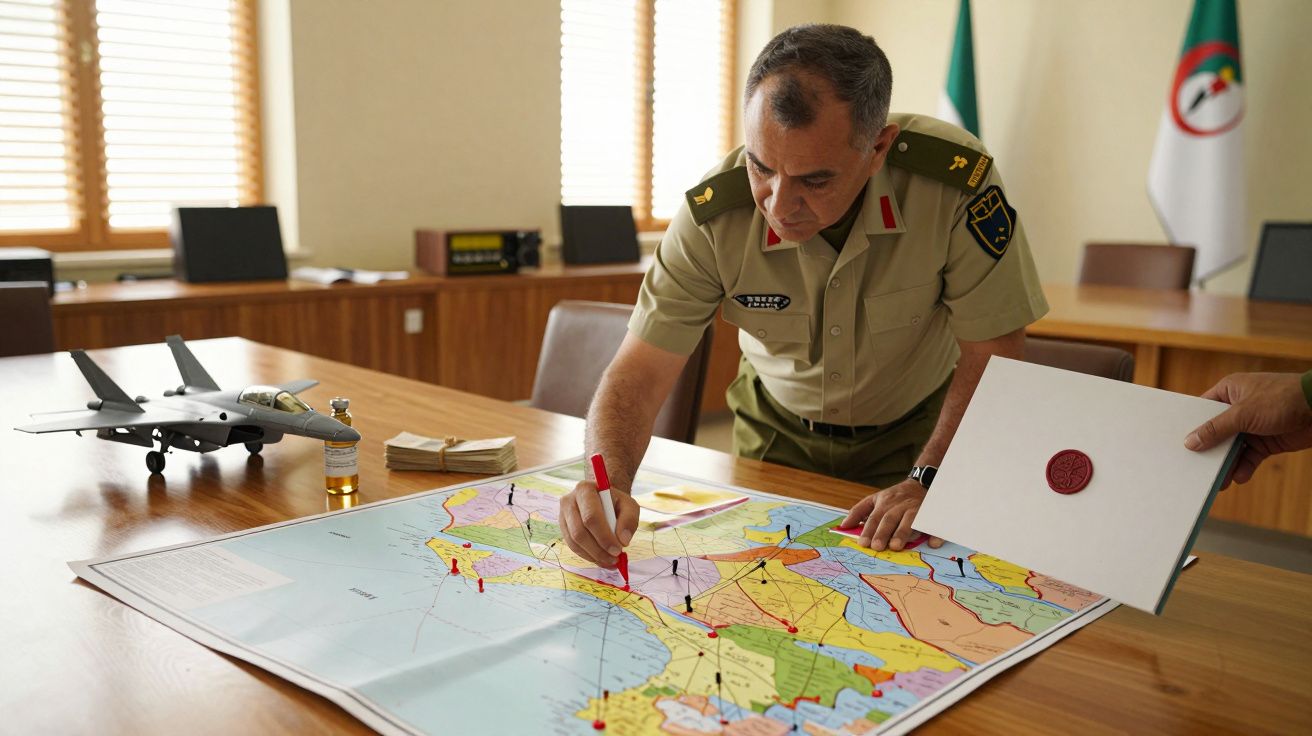 Mężczyzna w mundurze wojskowym zaznacza coś na mapie w gabinecie. Na biurku model samolotu i dokument.