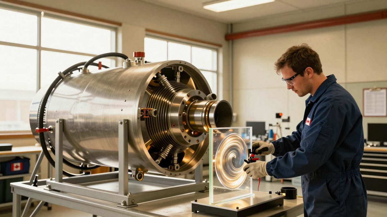 Mężczyzna w laboratorium pracuje nad dużym metalowym urządzeniem z cylindrem i okrągłym elementem szklanym.