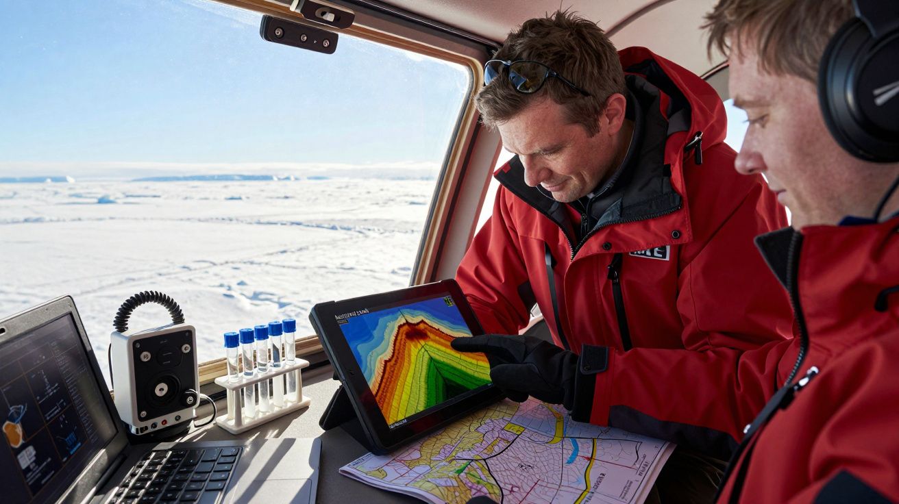 Dwóch mężczyzn w czerwonych kurtkach w pojeździe na śniegu analizuje dane na tablecie i mapie.