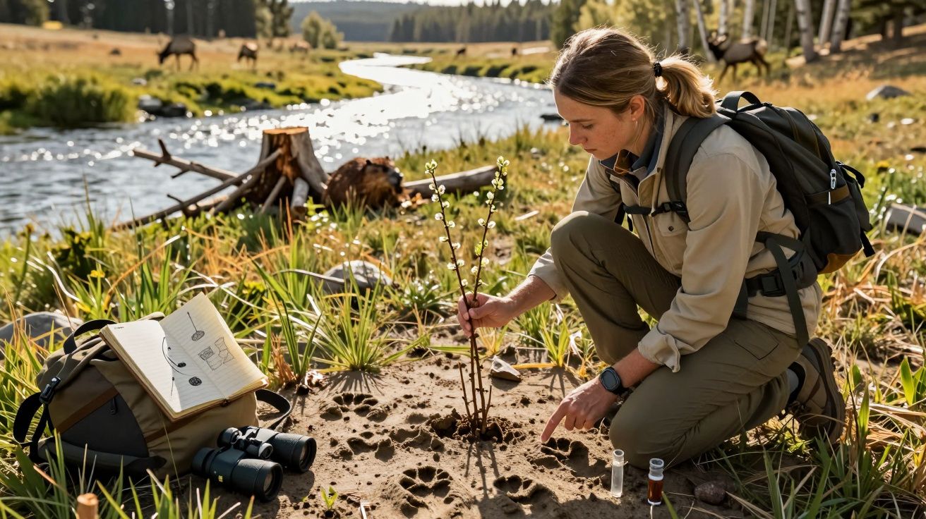 Kobieta bada odciski łap w piasku nad rzeką, obok notes, lornetka i plecak. W tle jelenie na łące.