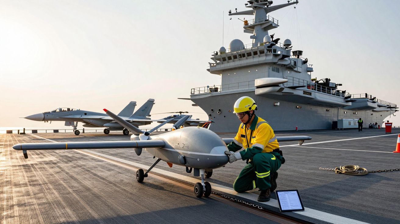 Technik obsługuje drona na pokładzie lotniskowca, w tle myśliwce i morze.