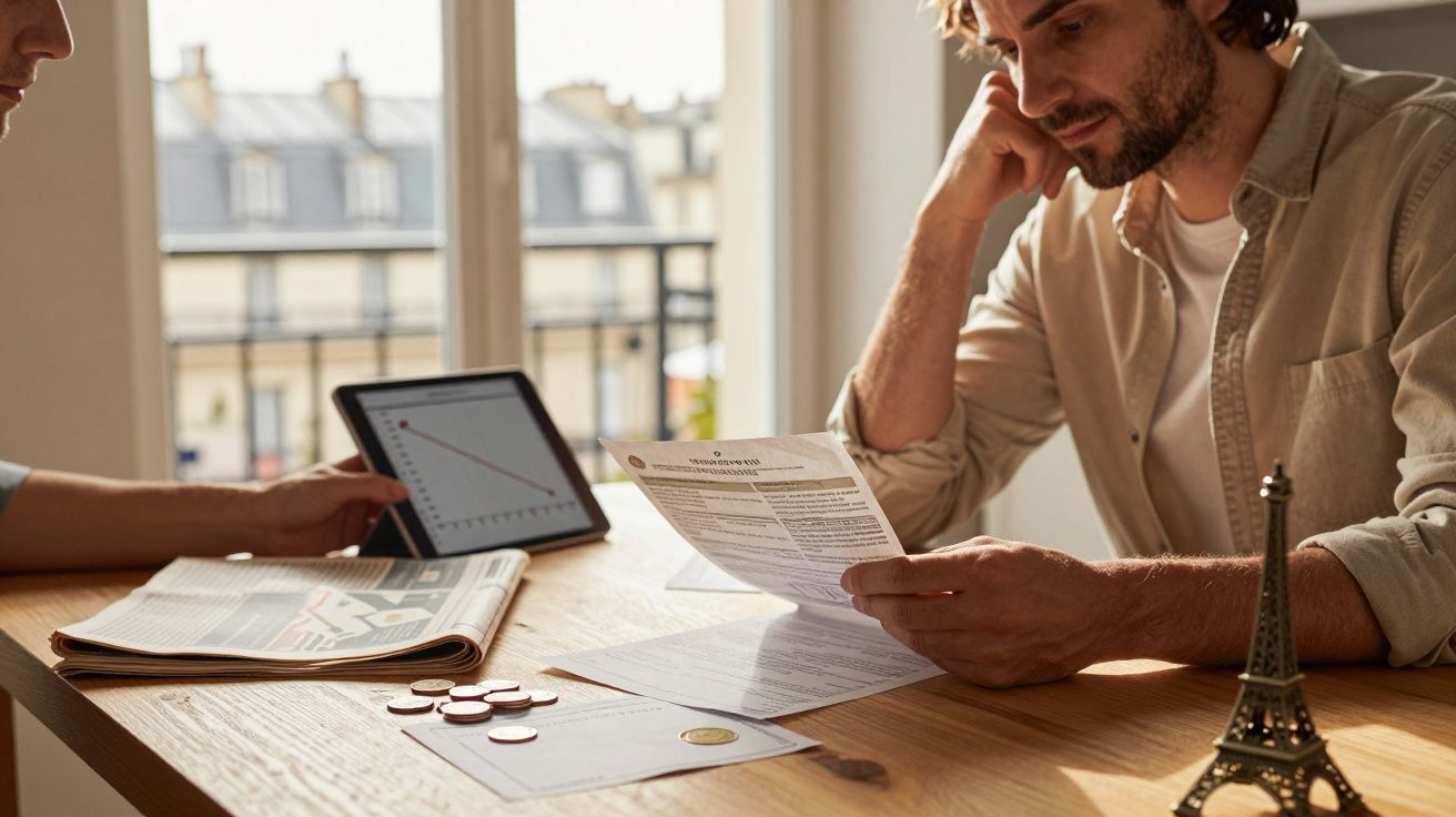 Mężczyzna analizujący dokumenty finansowe przy stole, obok niego tablet z wykresem i wieża Eiffla jako ozdoba.