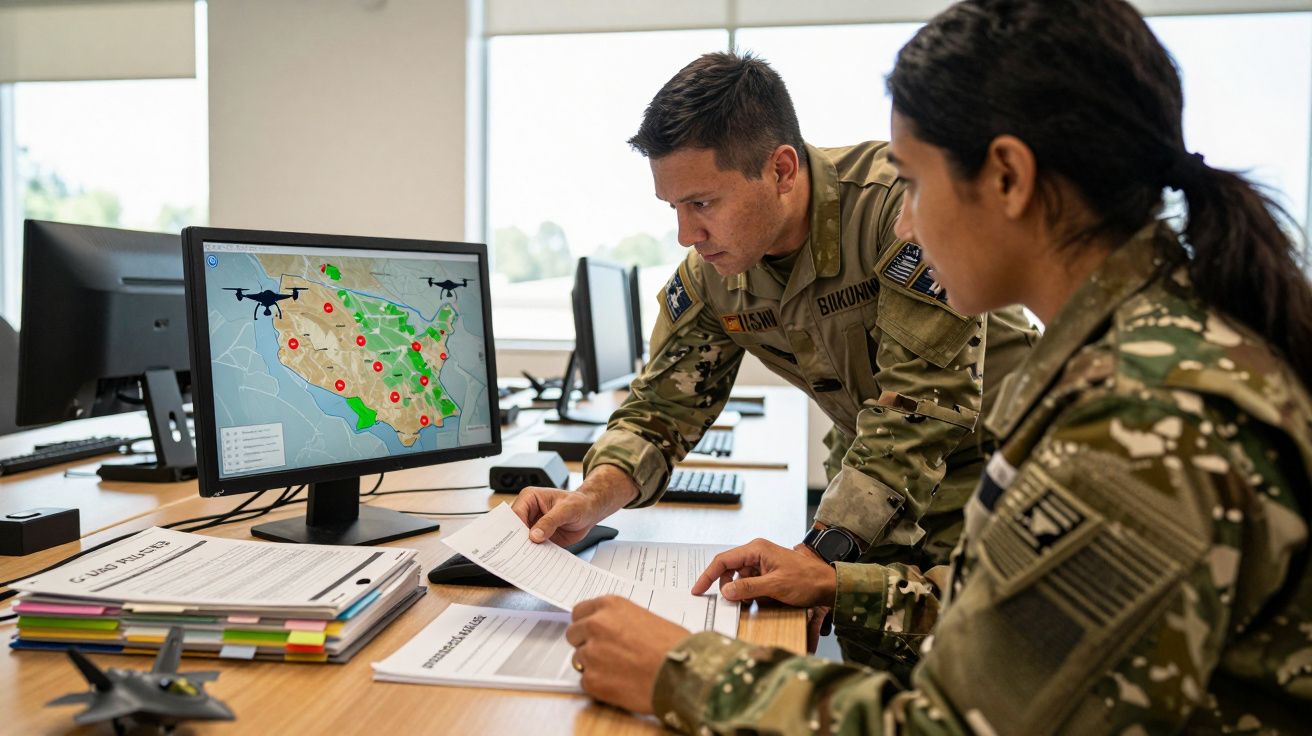 Dwóch żołnierzy w mundurach analizuje mapę z dronami na ekranie komputera w biurze.