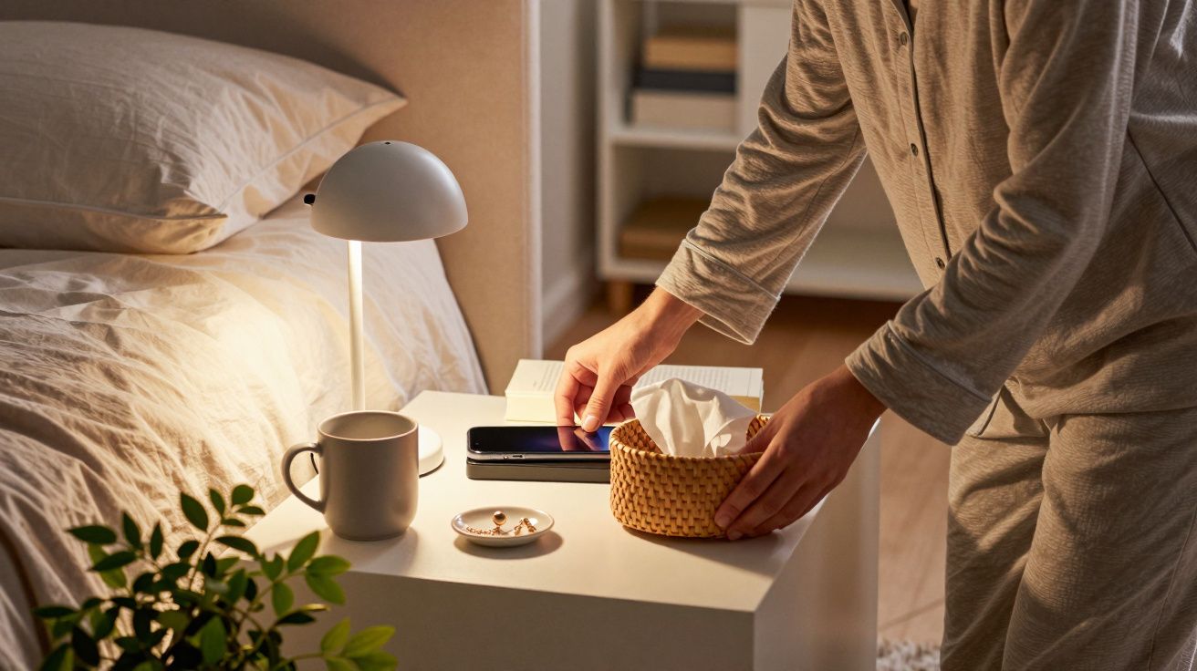 Osoba w piżamie sięga po koszyk z chusteczkami na stoliku nocnym, obok lampki, filiżanki i telefonu.