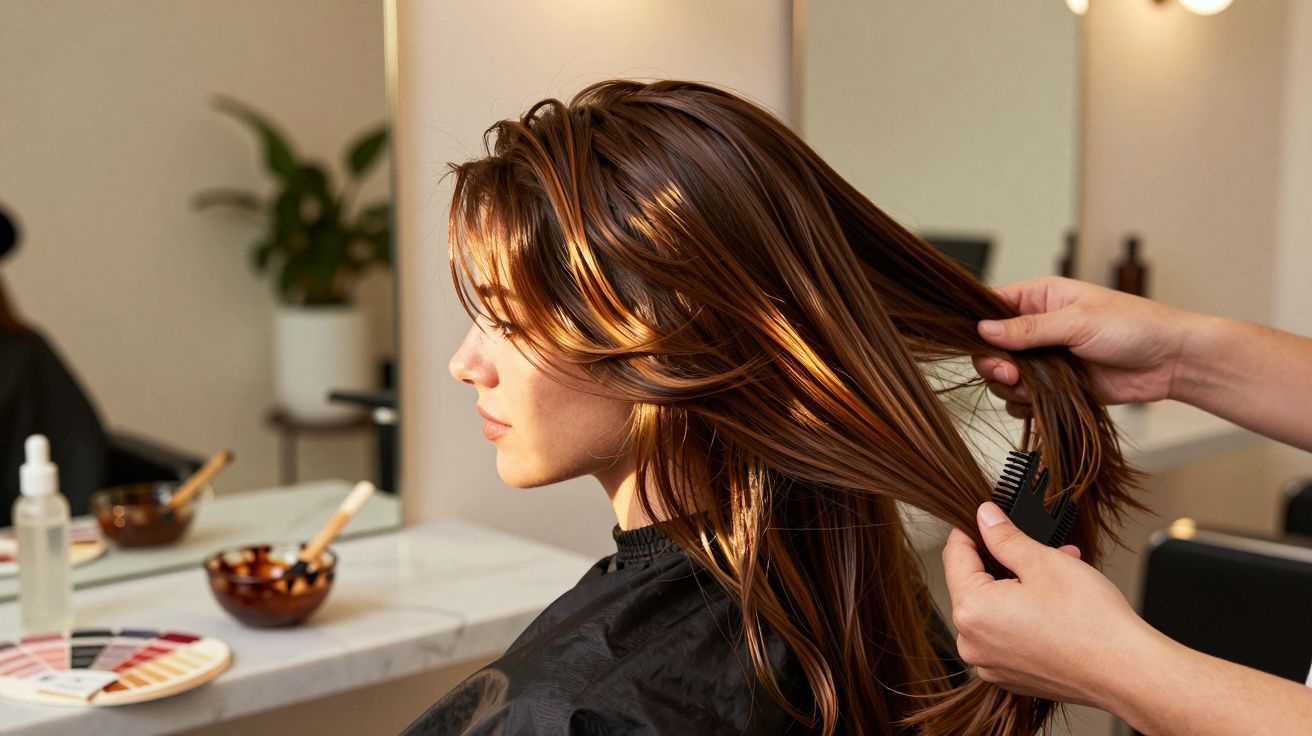 Kobieta siedzi w salonie fryzjerskim, włosy są czesane grzebieniem przez fryzjera.