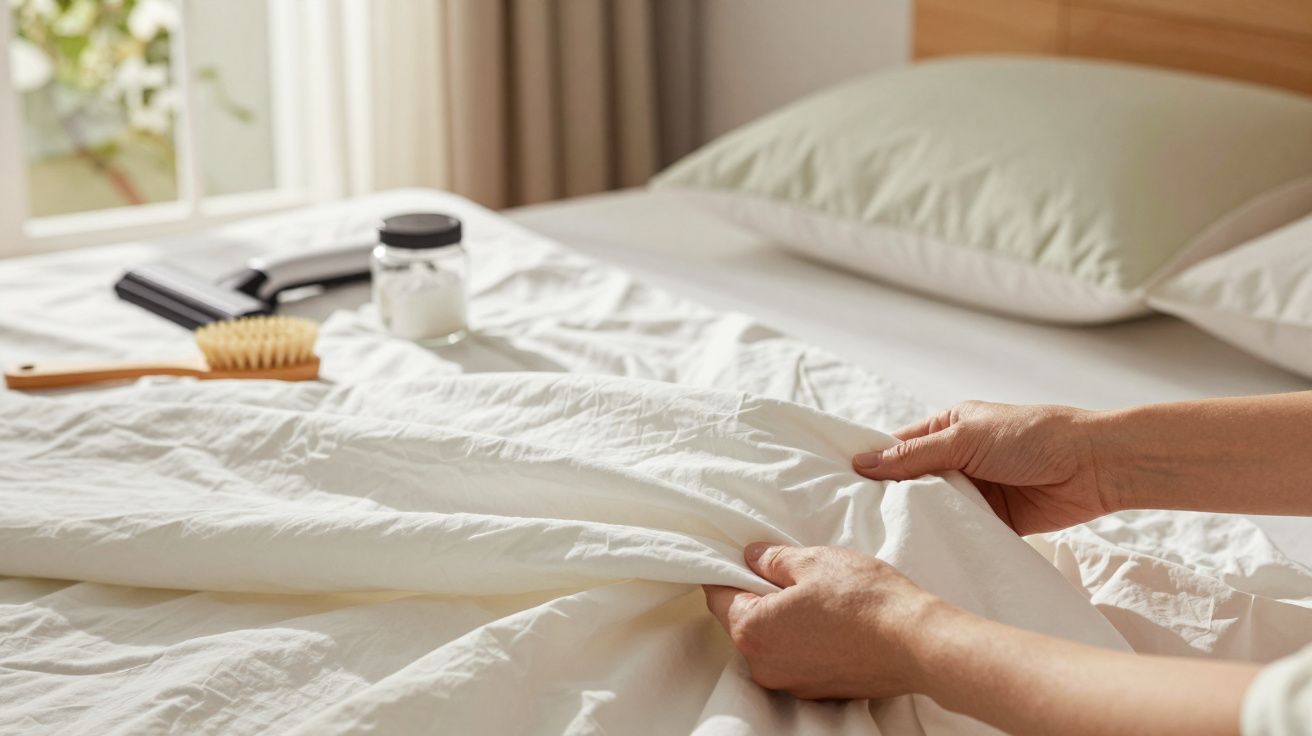 Osoba układa pościel na łóżku, obok leży szczotka, słoik i książka, w tle otwarte okno.