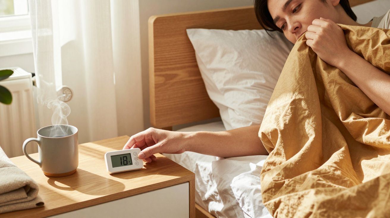 Mężczyzna w łóżku włącza smart ogrzewanie, na stoliku parujący kubek.