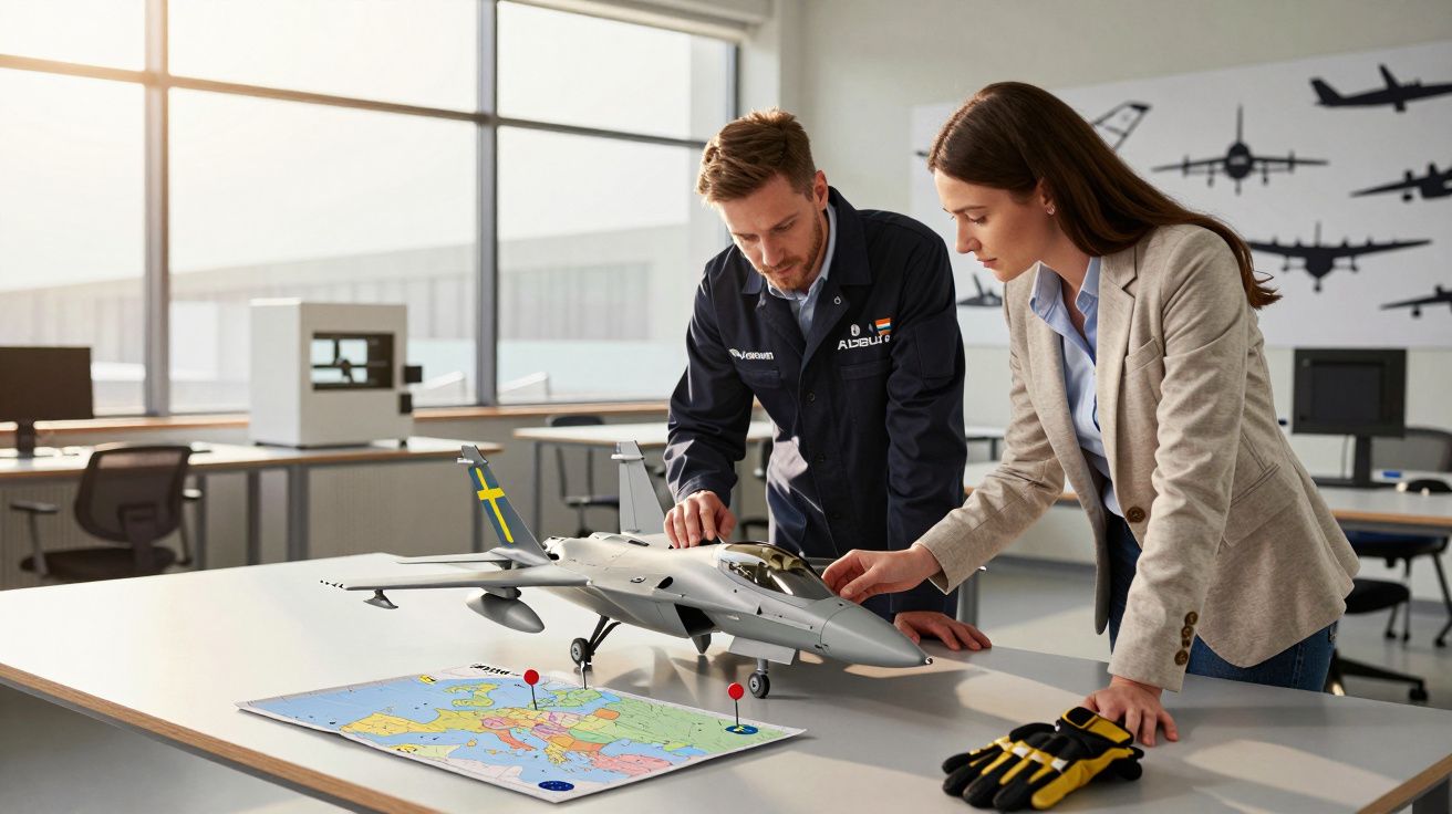 Dwie osoby badają model samolotu myśliwskiego na biurku z mapą i rękawicami w sali konferencyjnej.