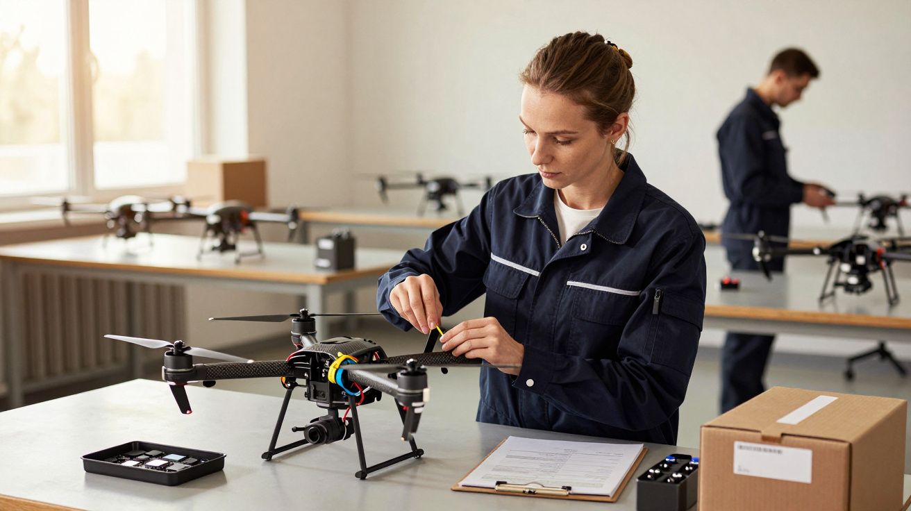 Kobieta w warsztacie serwisuje drona na stole, w tle mężczyzna pracuje nad innym dronem.