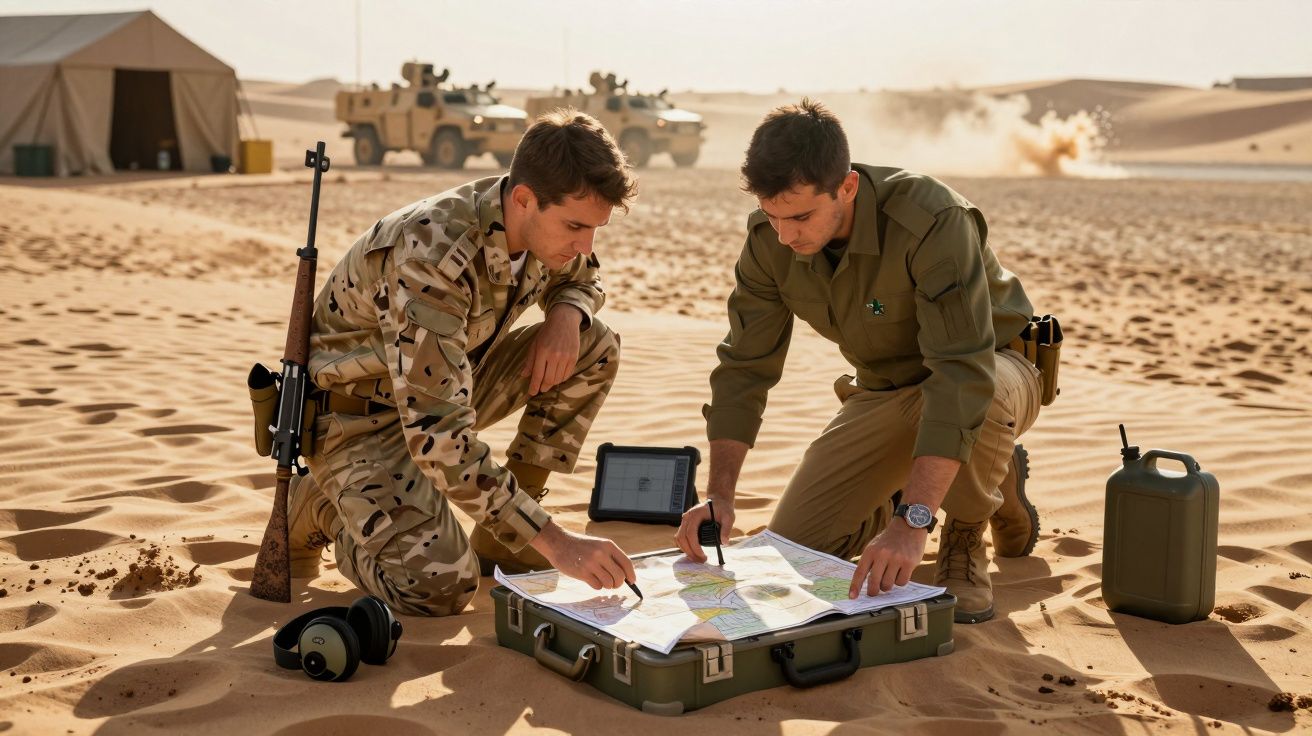 Dwóch żołnierzy rozkłada mapę na pustyni, badając teren. W tle namiot i wojskowe pojazdy.
