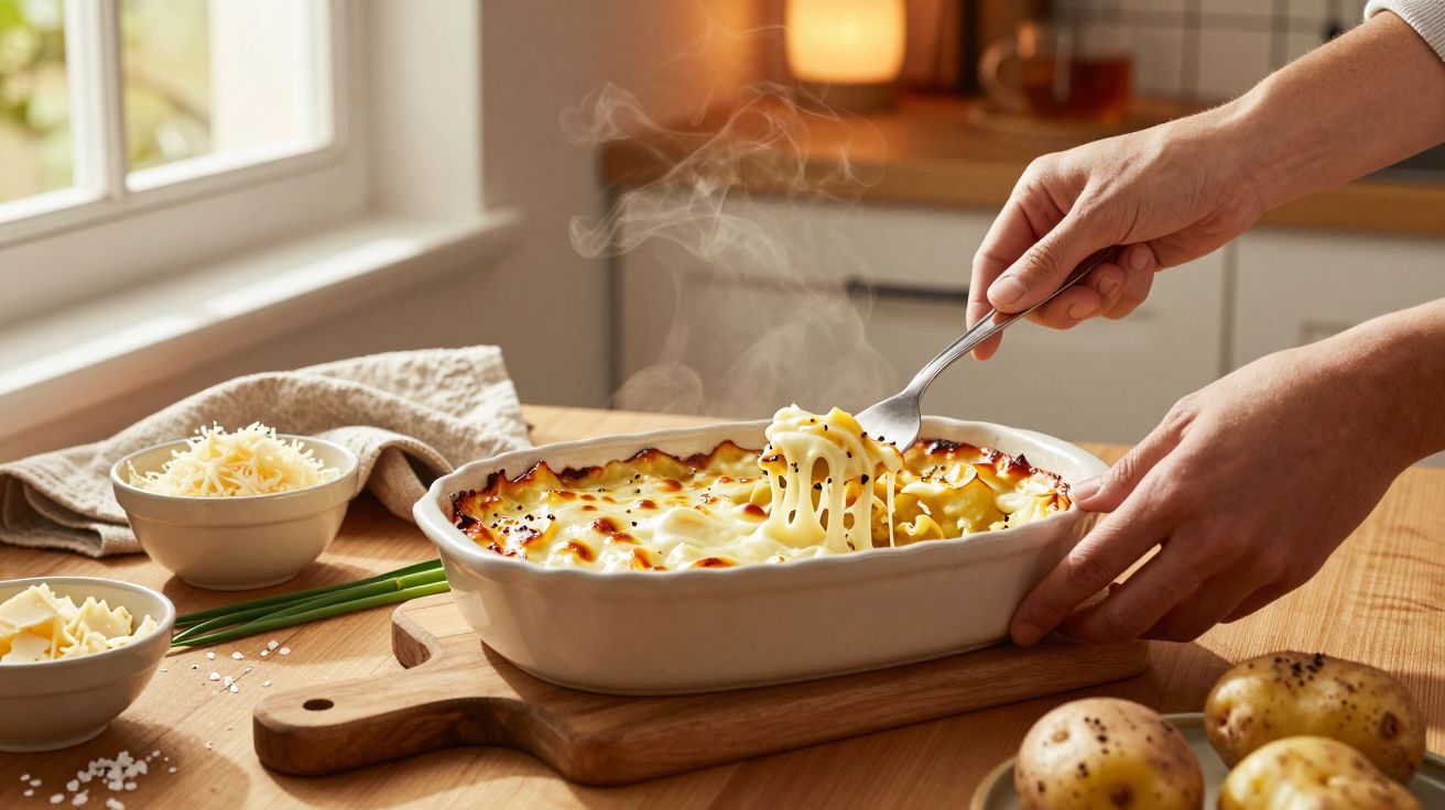 Osoba wyciąga zapiekankę ziemniaczaną z piekarnika, para unosi się znad sera, obok miski z serem i ziemniakami.