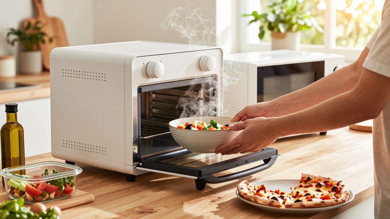 Osoba wyciąga gorącą miskę warzyw z piekarnika na blacie kuchennym, obok talerz z pizzą.