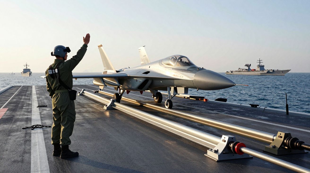 Osoba kieruje startem myśliwca na lotniskowcu na morzu, w tle widoczne są dwa okręty wojenne.