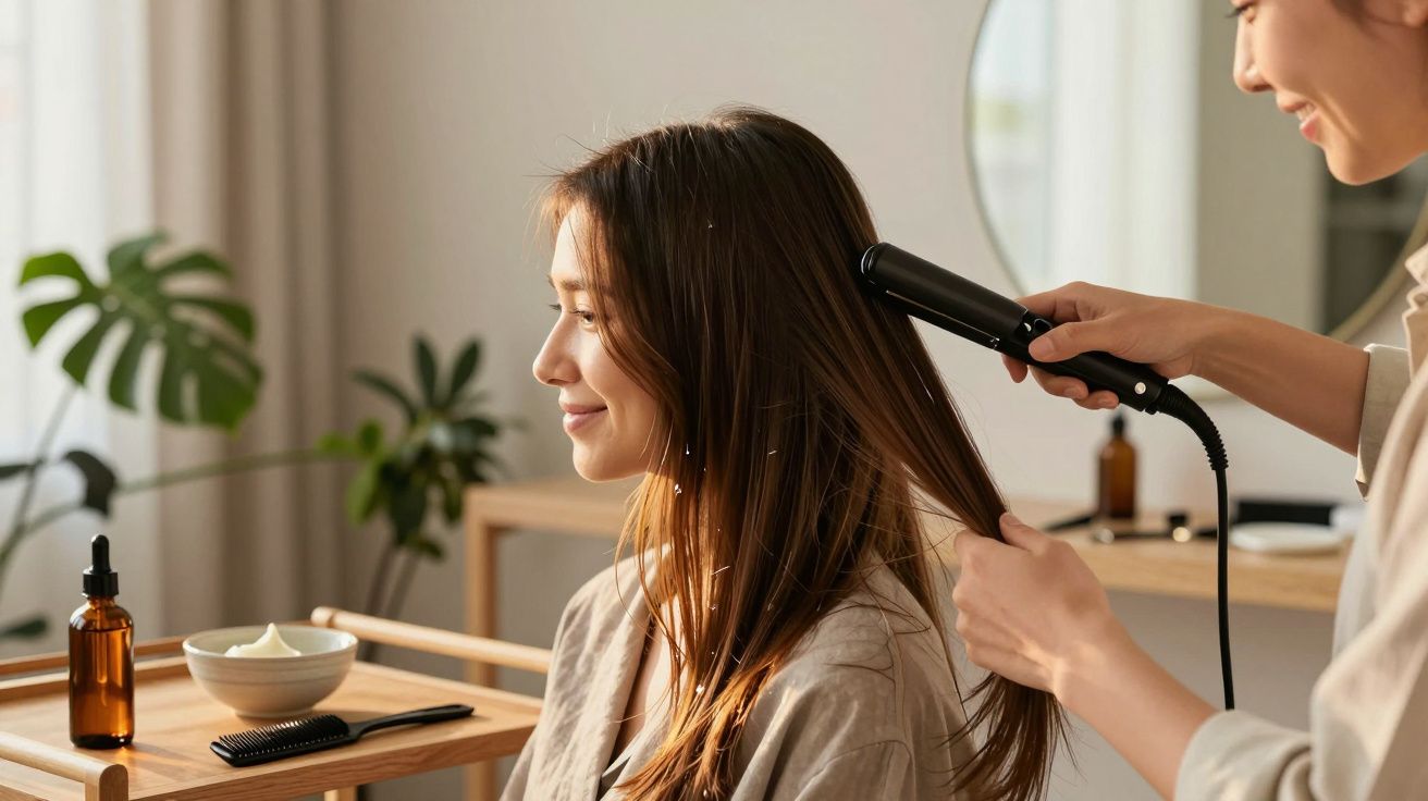 Kobieta prostuje włosy w salonie, siedząc przy drewnianym stole z kosmetykami.