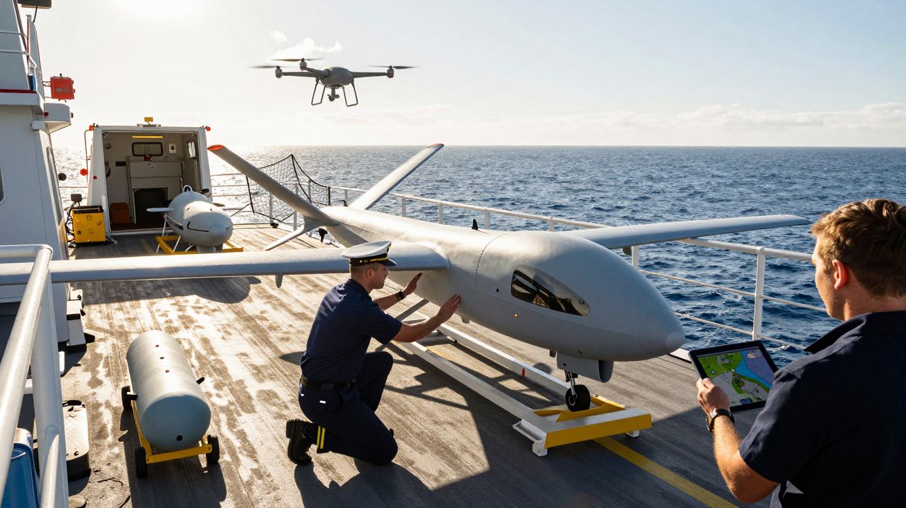 Dron na pokładzie statku, jeden żołnierz obsługuje drona, inny trzyma tablet, dron lata nad wodą w tle.