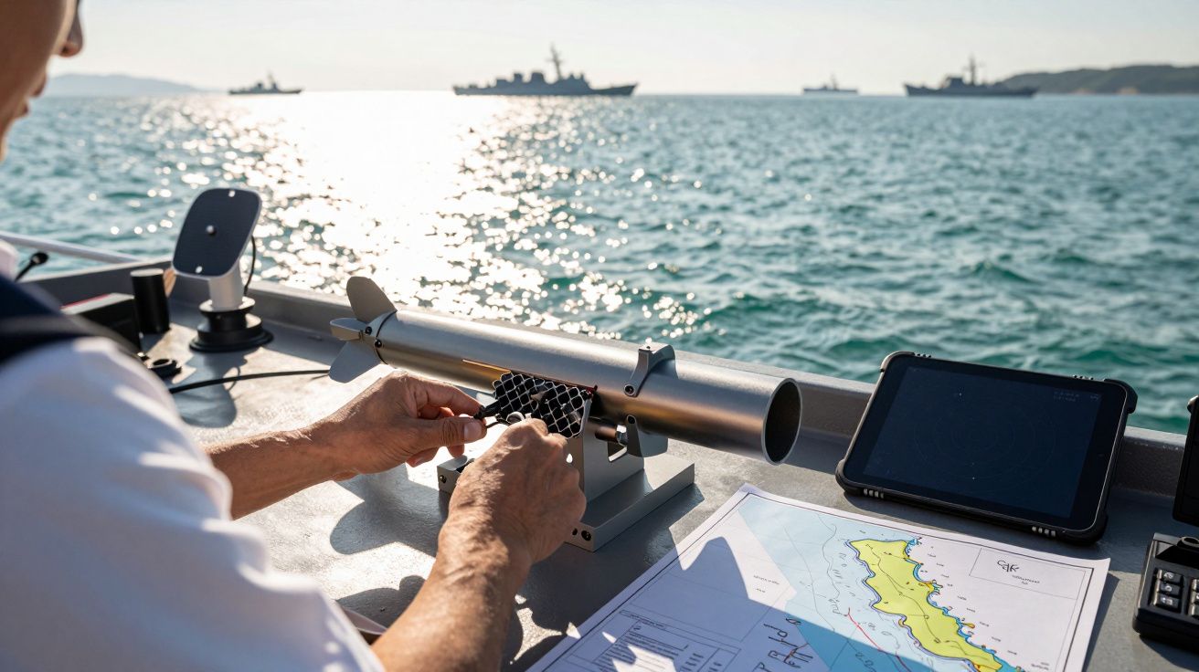 Osoba na pokładzie statku, sprawdzająca mapy morskie i urządzenie, w tle okręty na morzu.