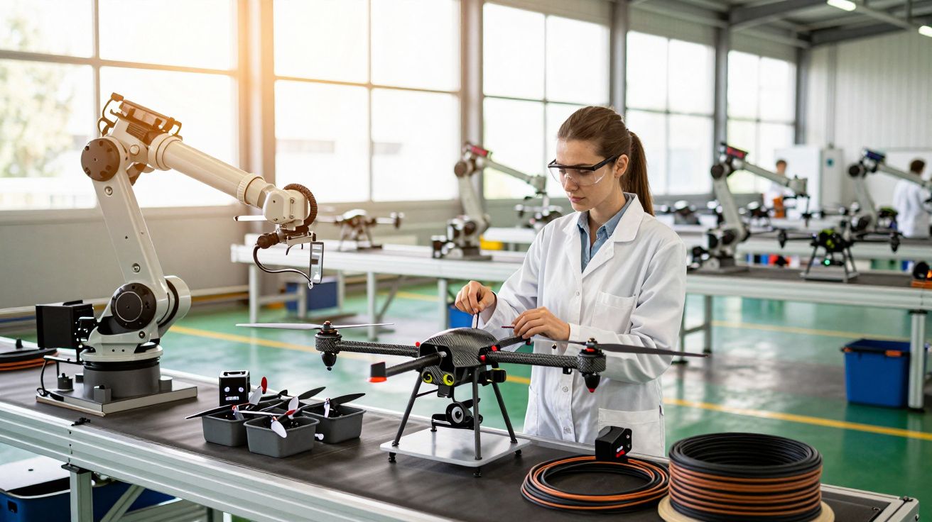 Kobieta w laboratorium pracuje nad dronem na stole, używając narzędzi, obok zautomatyzowanego ramienia robota.