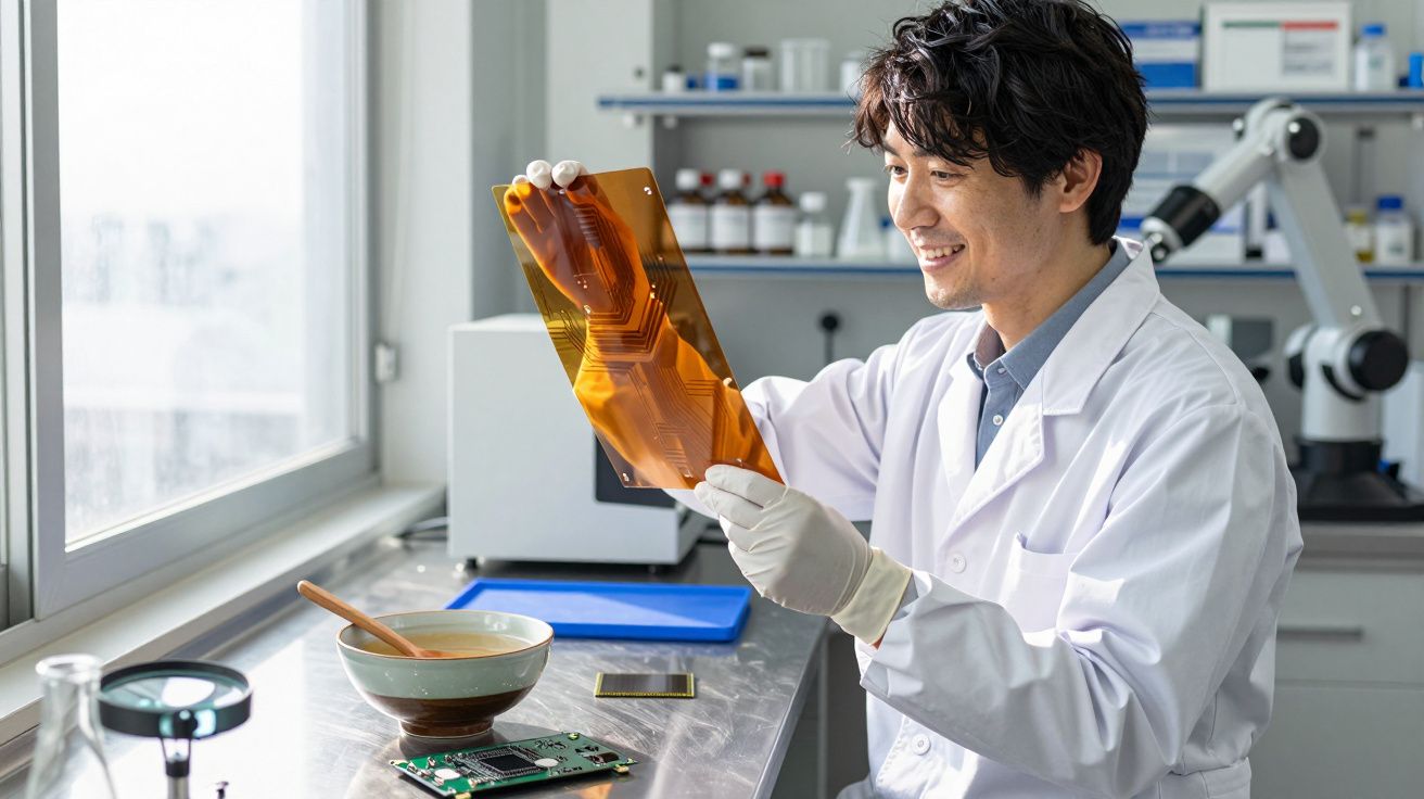 Naukowiec w laboratorium trzyma elastyczne, przezroczyste tworzywo, uśmiechając się i analizując jego strukturę.