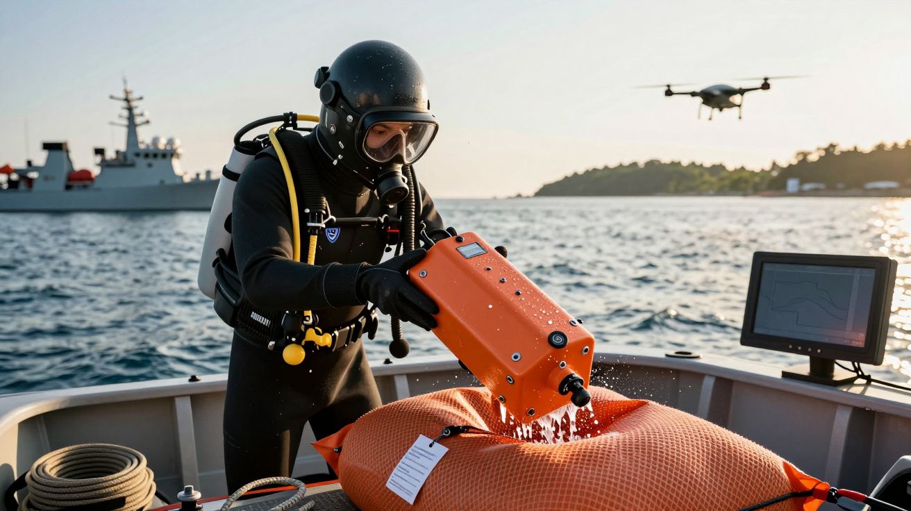 Nurek na łodzi z pomarańczowym sprzętem, w tle statek i dron nad wodą, jasny dzień.