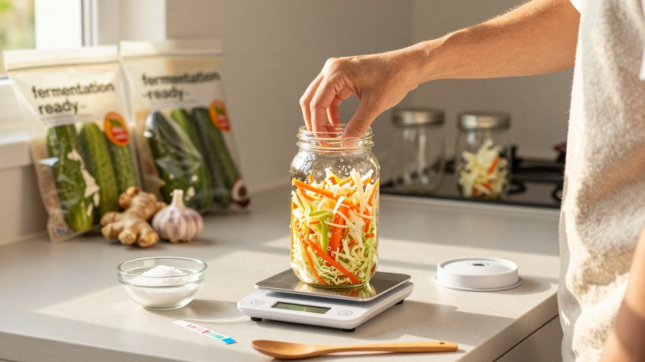 Osoba wkłada marchewki i kapustę do słoika na wadze kuchennej, otoczona składnikami do fermentacji.