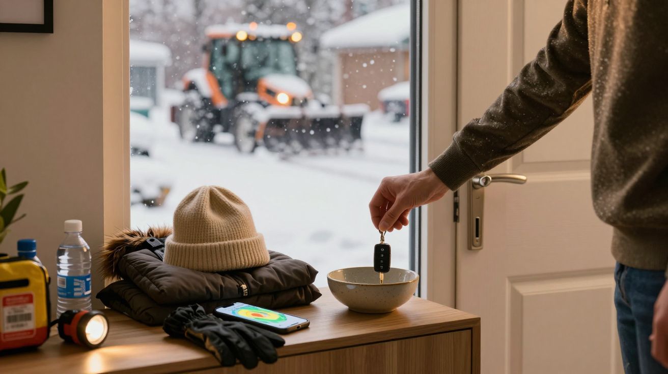 Mężczyzna odkłada klucze na stół, za oknem odśnieżarka. Na blacie leżą rękawiczki, czapka i płaszcz.