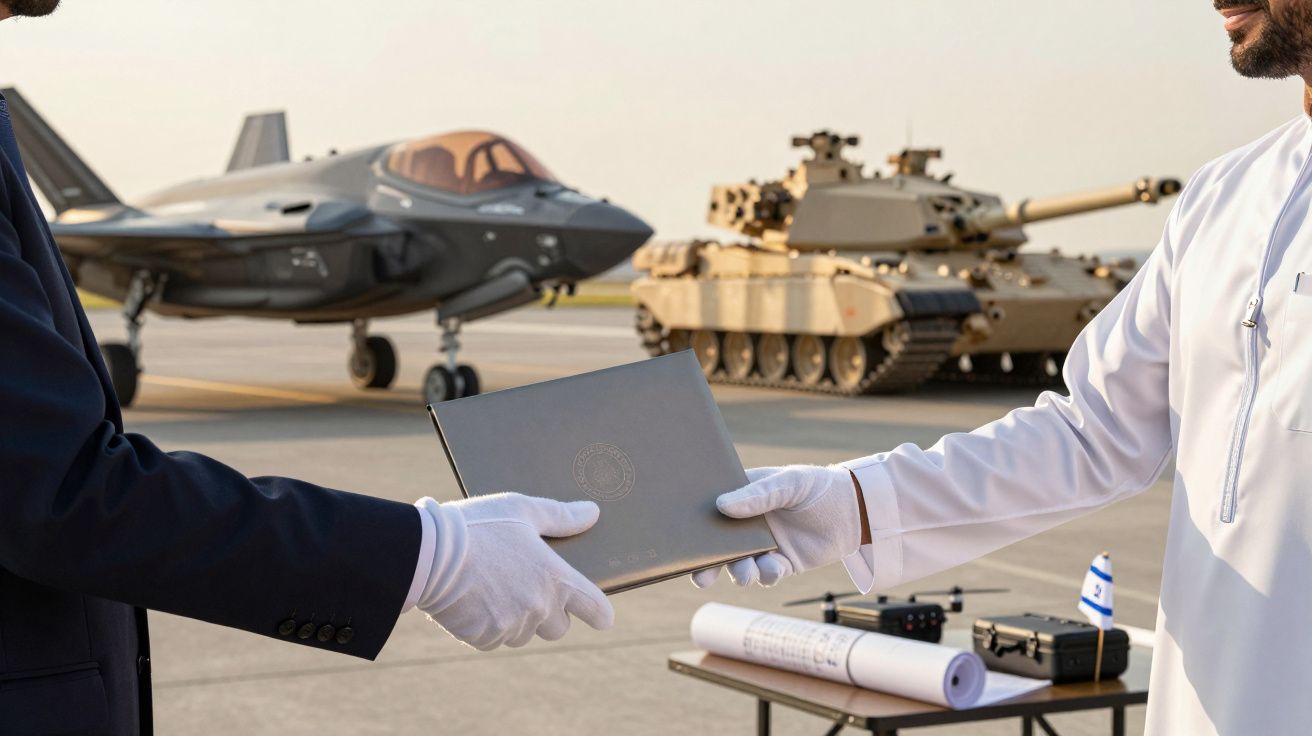 Dwóch mężczyzn w białych rękawiczkach wymienia dokumenty. W tle samolot myśliwski i czołg.