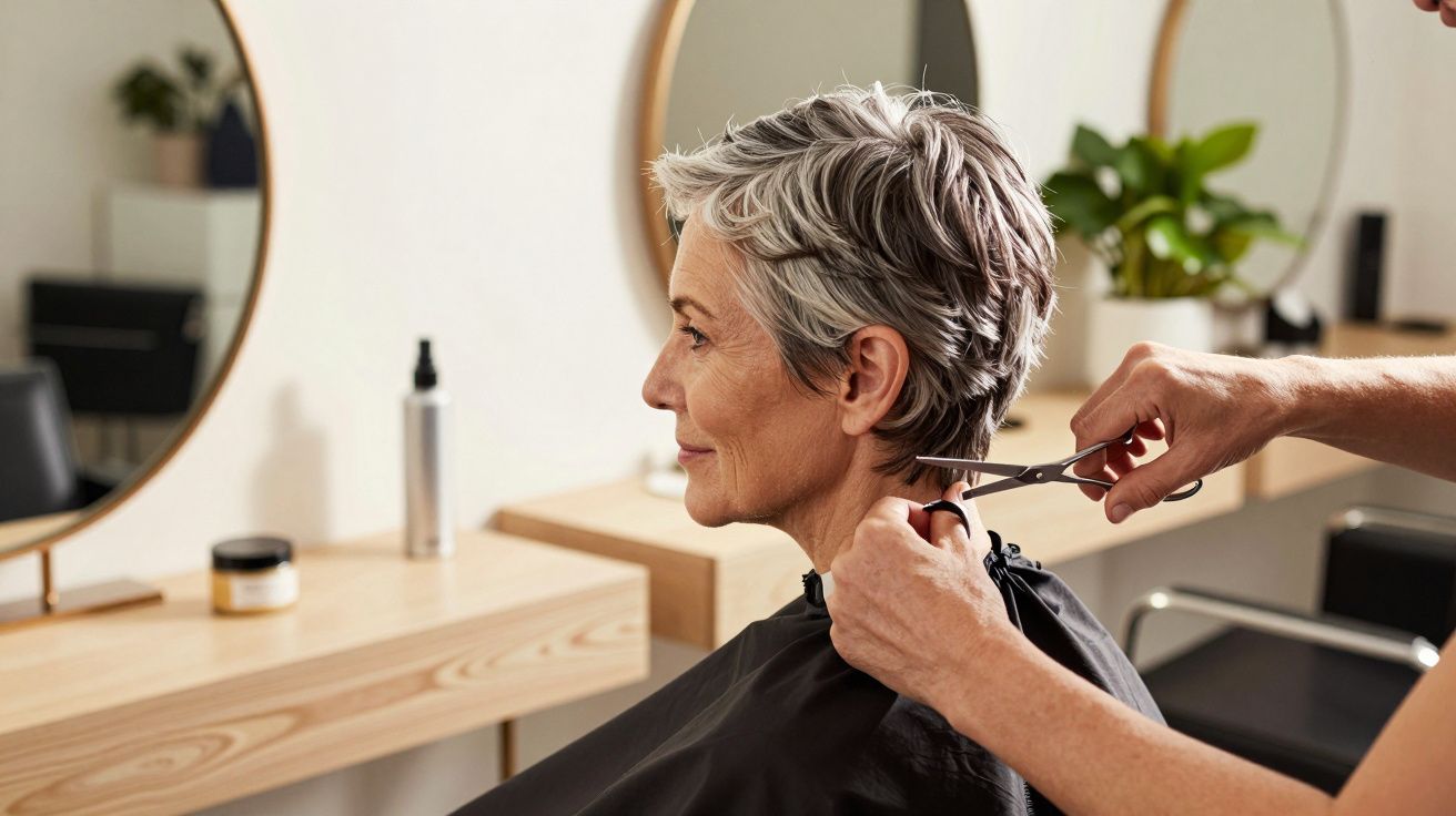 Kobieta z krótkimi, siwymi włosami obcinana przez fryzjera w salonie, na tle lustrzanych toaletek.