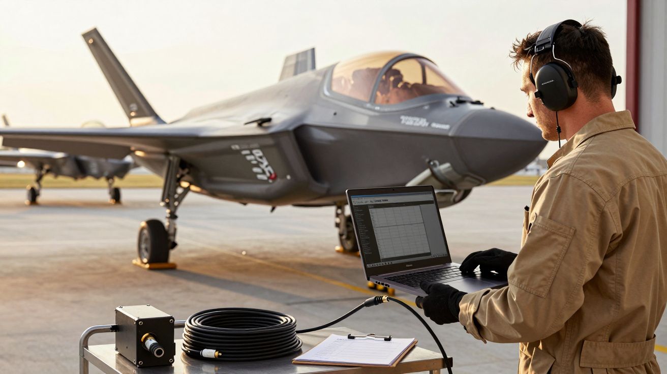 Technik z laptopem i słuchawkami obsługuje myśliwiec F-35 na płycie lotniska przy zachodzie słońca.