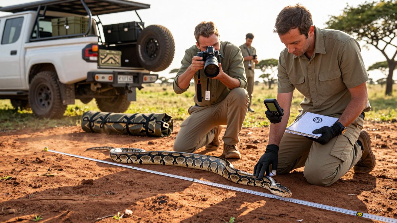 Dwóch mężczyzn bada węża na ziemi, jeden z aparatem, drugi z notatnikiem. Obok stoi samochód terenowy.