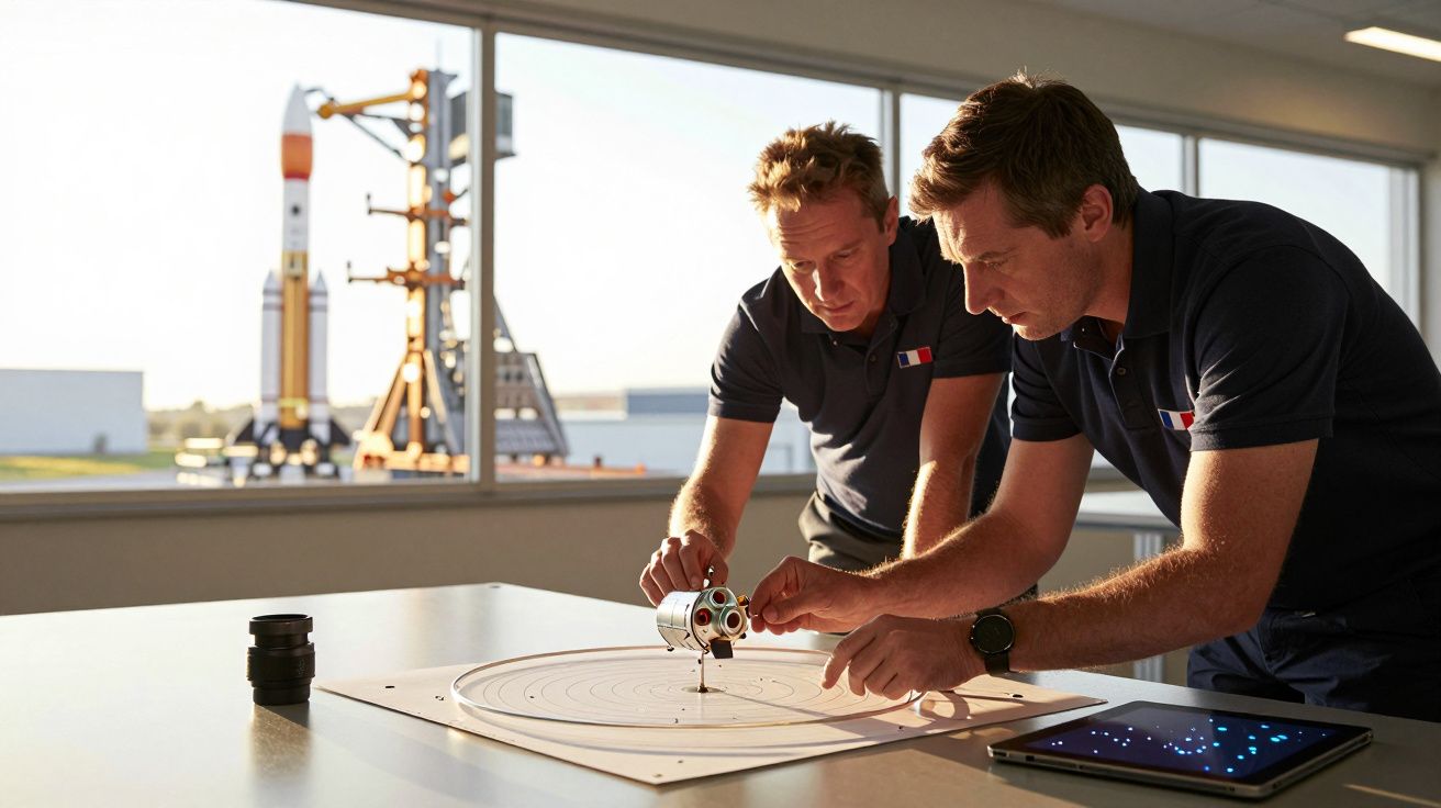 Dwóch mężczyzn w laboratorium pracuje nad modelem statku kosmicznego, w tle widoczna rakieta.