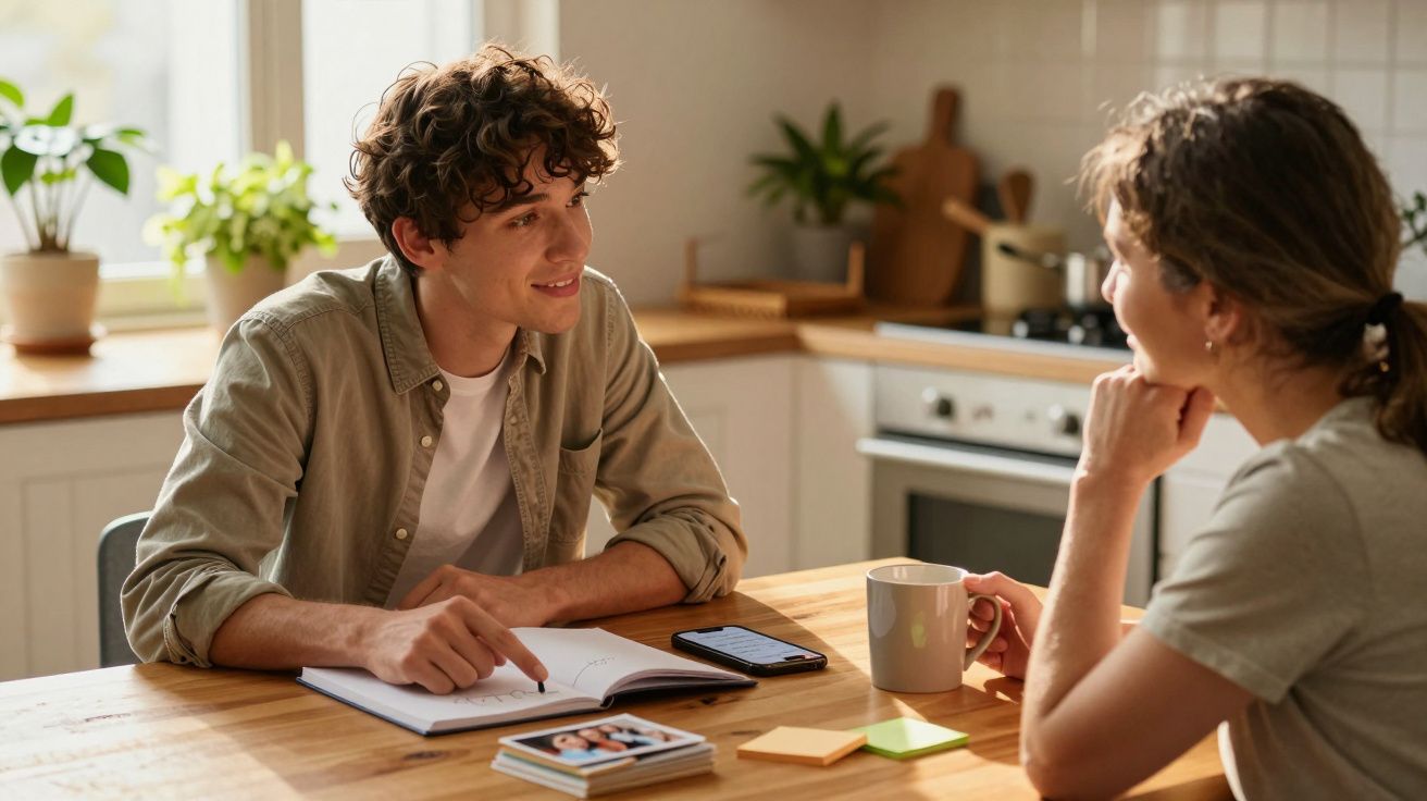 Dwie osoby rozmawiają przy stole w kuchni, otwarty notes, smartfon i kubek na blacie.