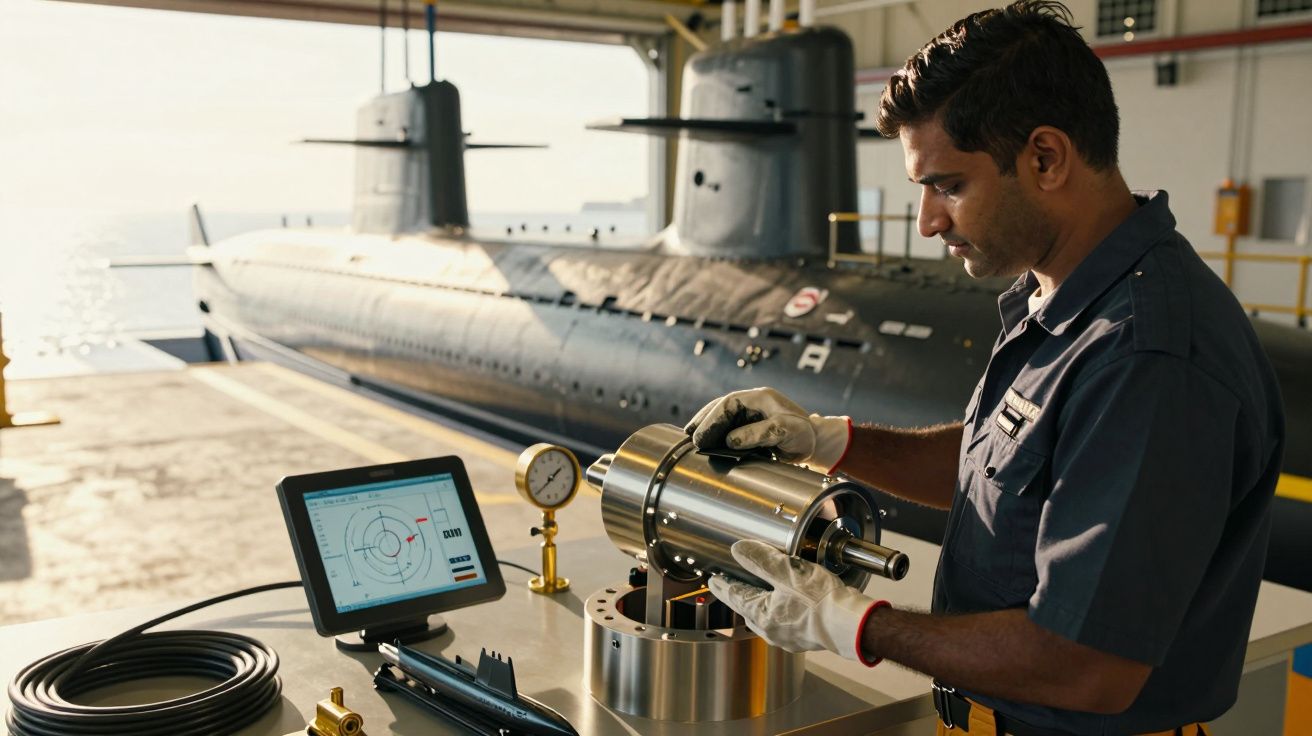 Mężczyzna pracuje przy urządzeniach w stoczni z widoczną łodzią podwodną w tle.