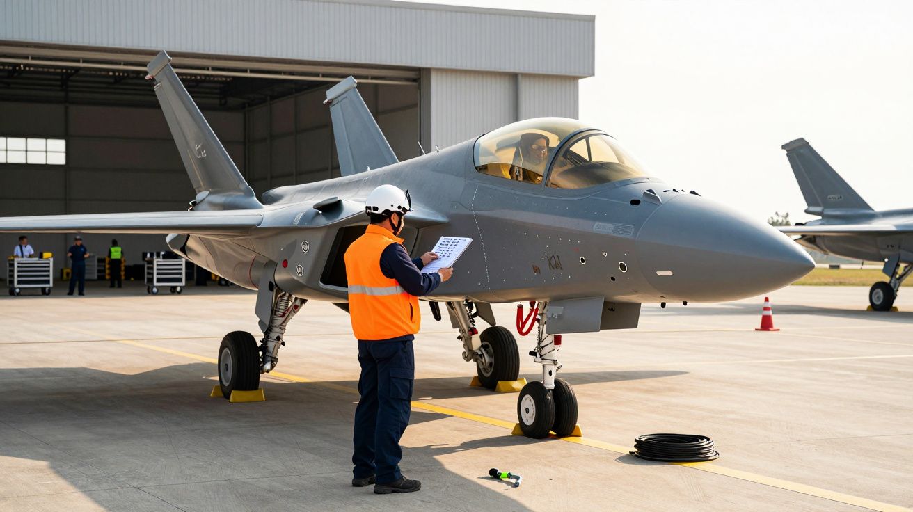 Technik w pomarańczowej kamizelce kontroluje myśliwiec na płycie lotniska.
