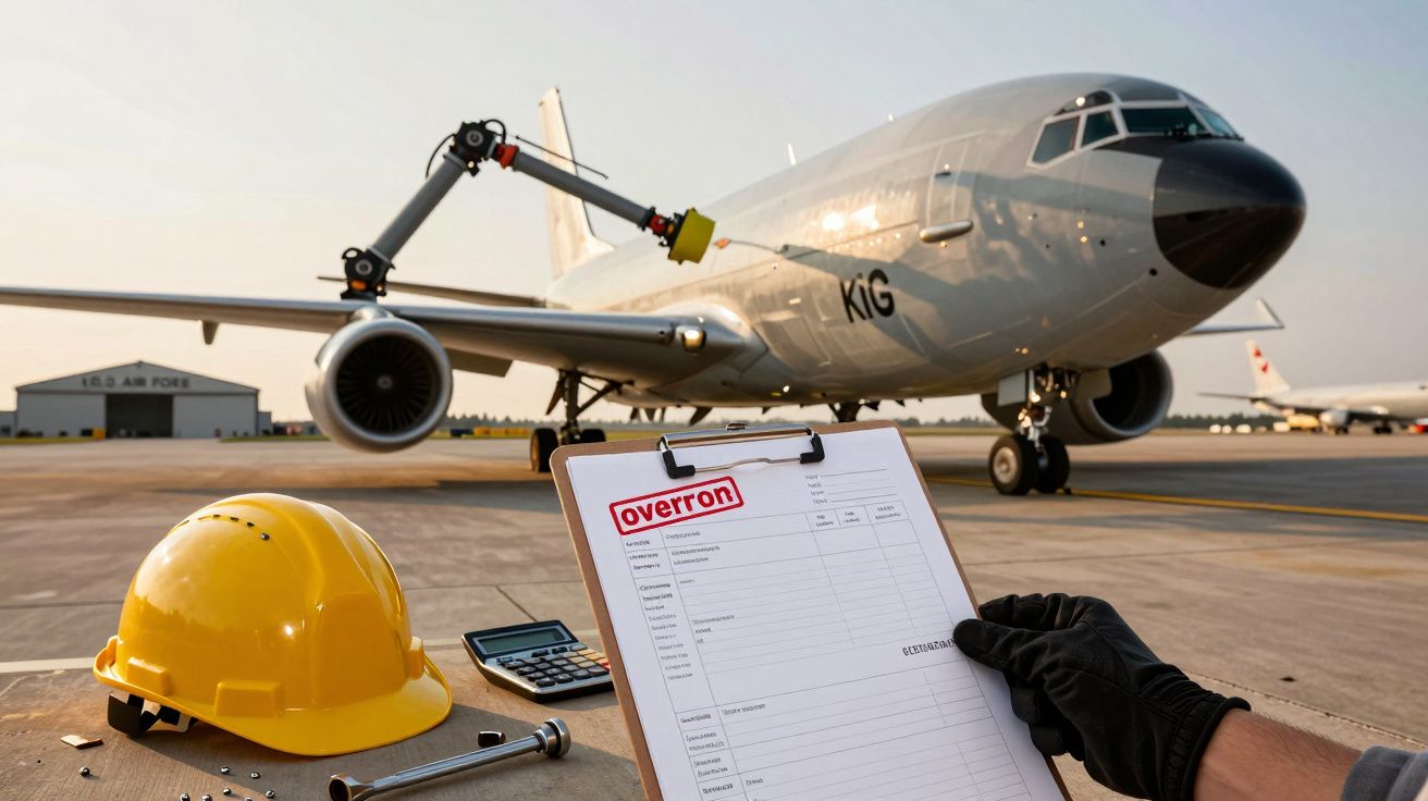 Samolot na pasie, plan obsługi technicznej, kask ochronny, kalkulator i narzędzia na pierwszym planie.